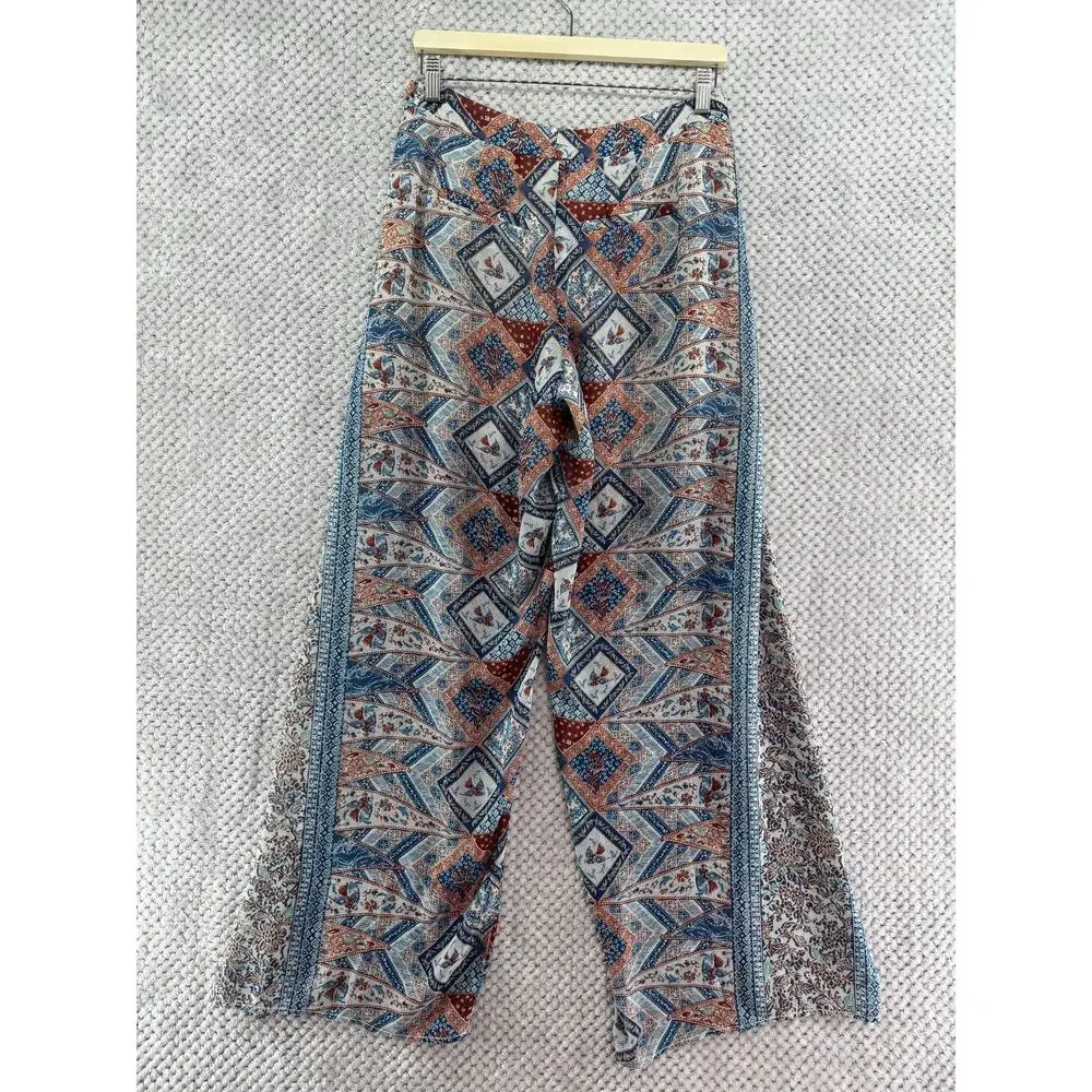 Elevenses Beach Boho Pants Women 8 Blue Patch Floral Wide Leg